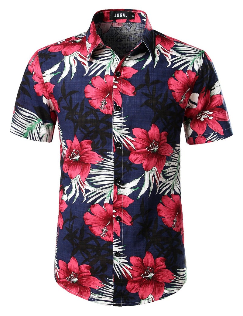 JOGAL Men's Flower Casual Button Down Short Sleeve Hawaiian Shirt XX-Large Navy - Image 2